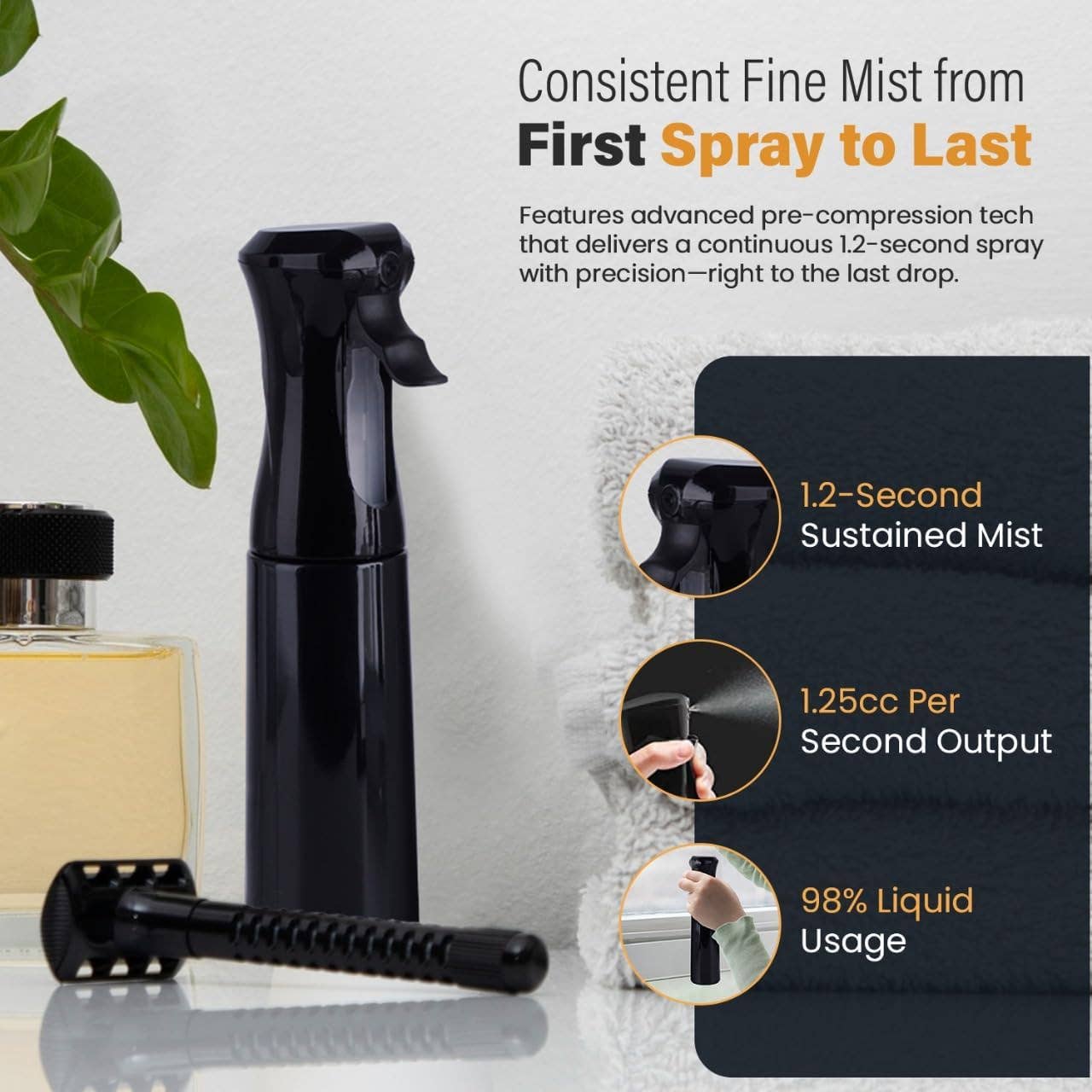 Continuous Spray Bottle with Ultra Fine Mist - Black
