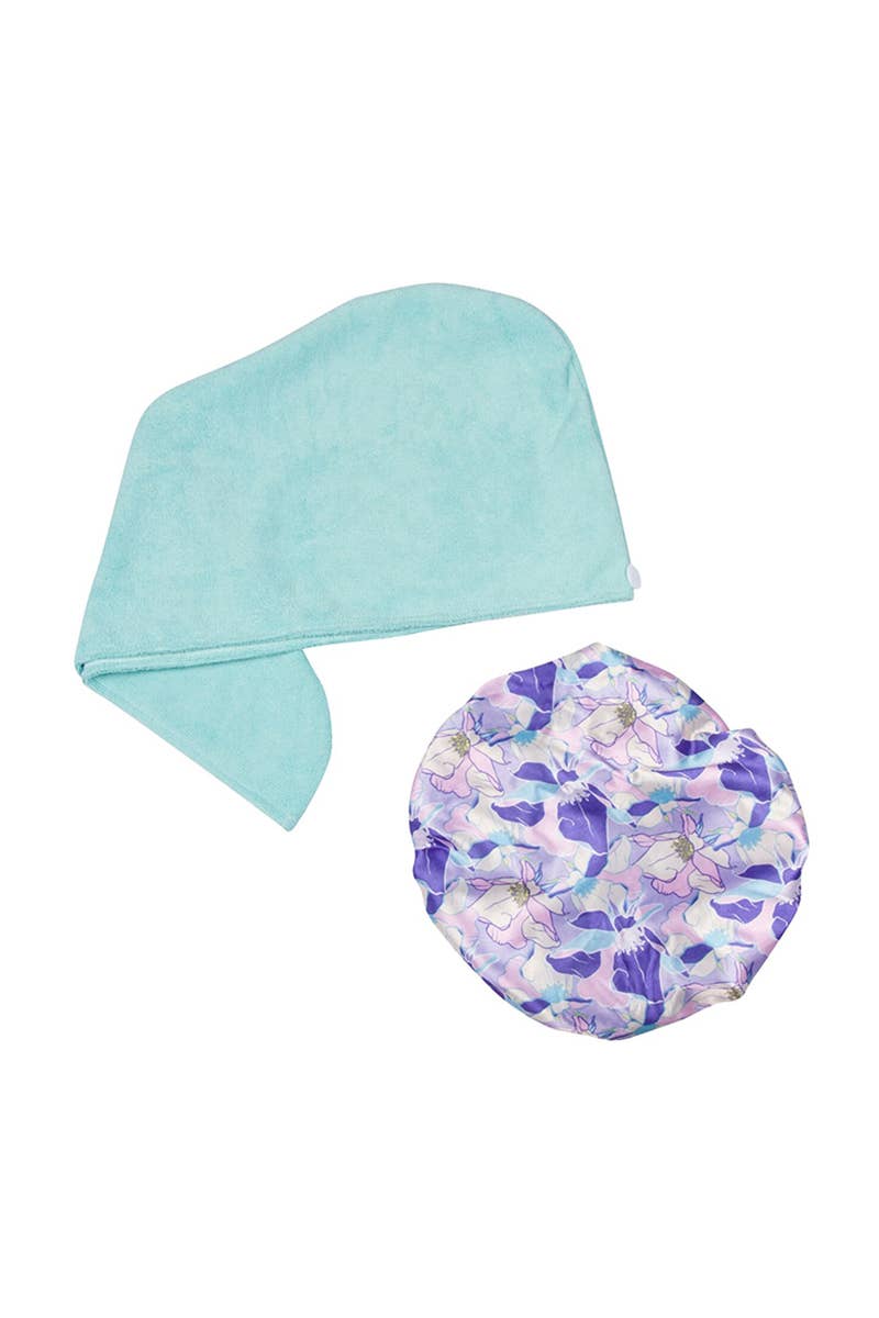 CALA 69256 Floral Shower Cap & Hair Turban Set w/ Pouch - 6