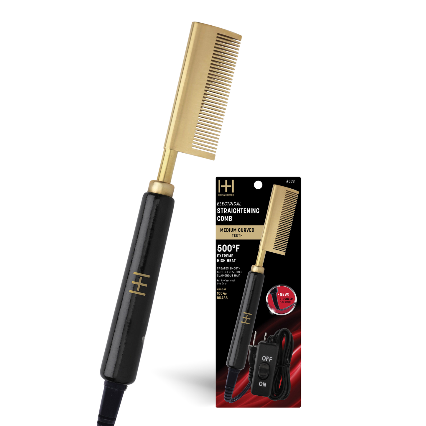 Hot & Hotter Electric Straightening Comb Medium Curved Teeth, 1 Count, Black & Gold: Default Title